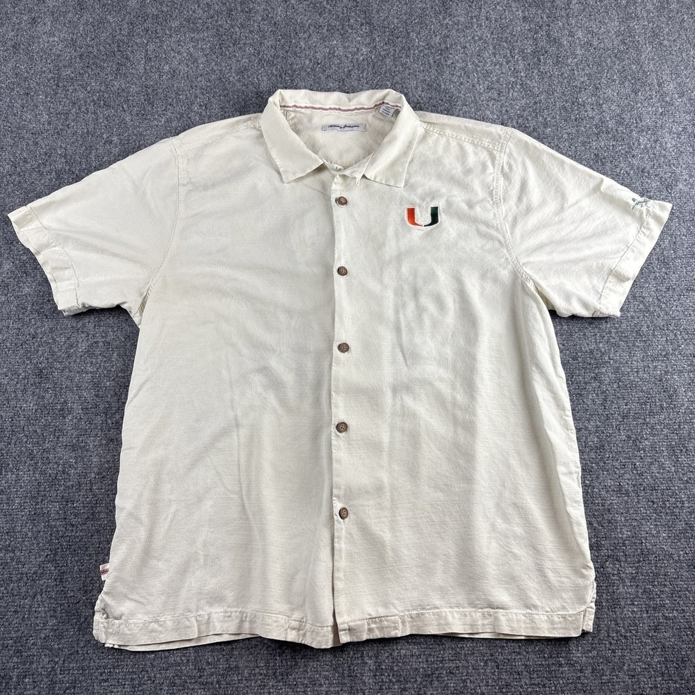 Tommy Bahama Miami Hurricanes Baseball Shirt XL Silk Cream Embroidered Back